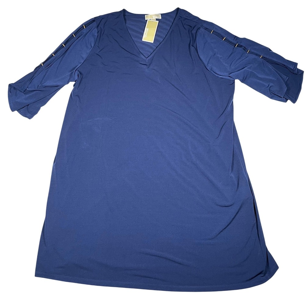 Michael Michael Kors Navy Blue V-Neck Slit Sleeve Shift Dress 3X Gold Hardware